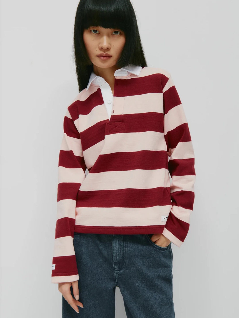 KOTN Shrunken Rugby Shirt - Maroon/Salmon Cropped Striped Cotton Longsleeve